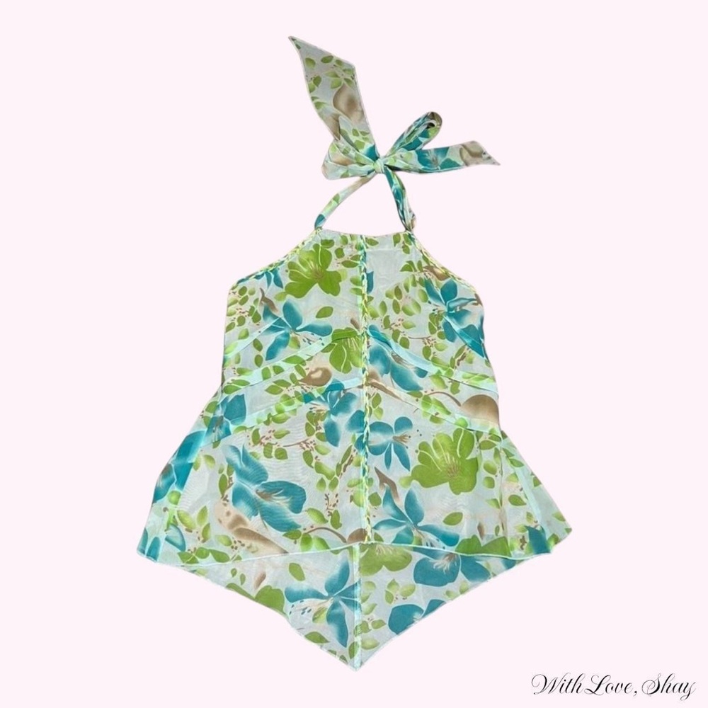 Y2k 2000s vintage Princy green and blue floral fairy core halter flowy top